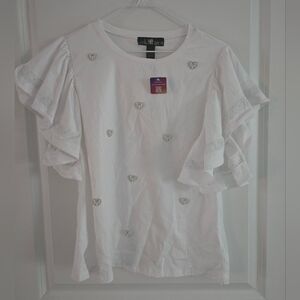 80 Park White Ruffle Sleeve Top Blouse with Heart Accents